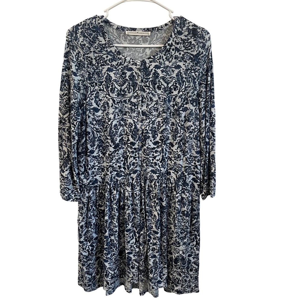 Peruvian Connection Dress XS Blue‎ White Floral Button Front Tiered Babydoll